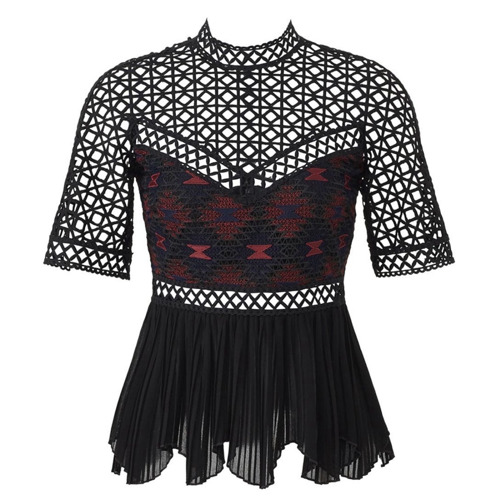$380 Pinko High Neck Embroidered Illusion Peplum Short Sleeve Blouse size 8